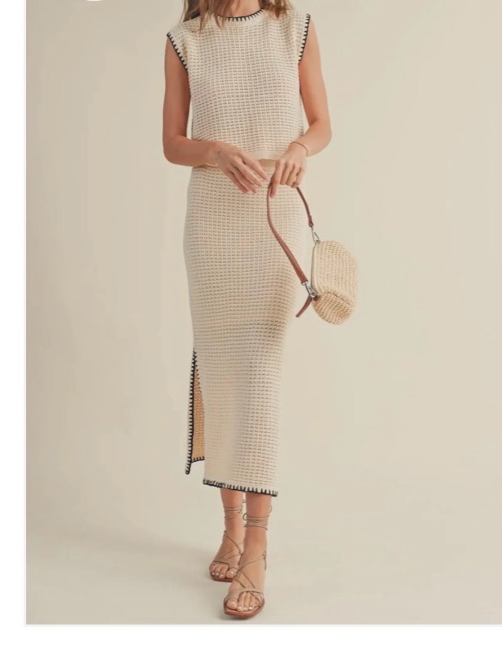 Cream Midi Knit Skirt with Black Trim